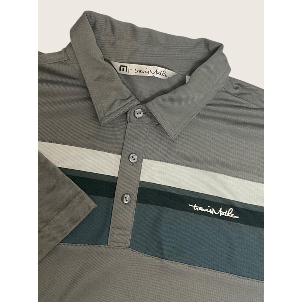 NEW Travis Mathew Polo Shirt Mens Large Gray Blue Colorblock Golf Performance
